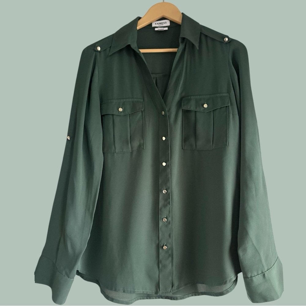 Express Dark Green Button-Down Blouse